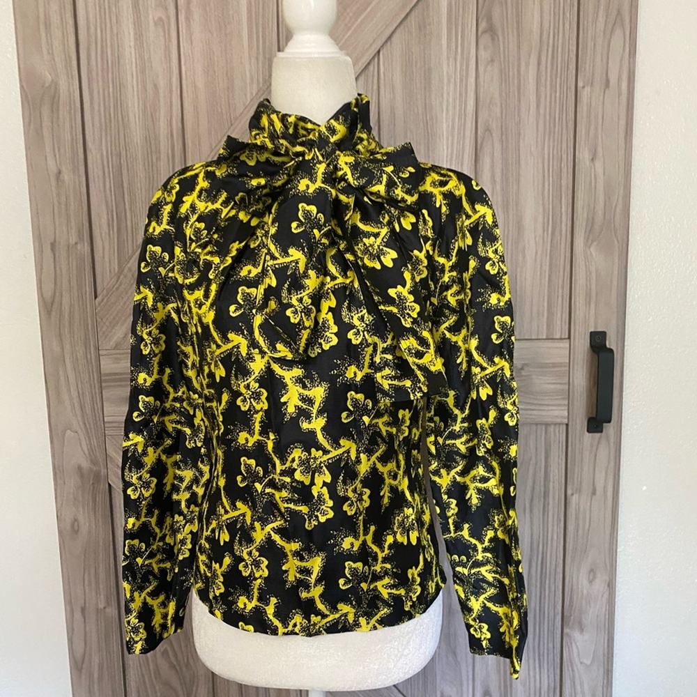 Calvin Klein 205W39NYC Navy and yellow tie neck blouse 0